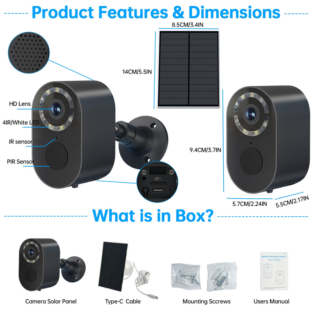 3MP Low Power Wireless Solar Panel IP Camera PIR WiFi Rechargeable Battery Security Outdoor Camera