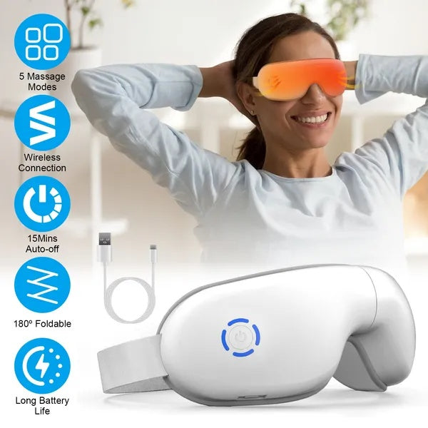 Eye Massager With Heat Music Wireless Eye Mask For Migraines Rechargeable Eye Care Device With Air Pressure Vibration Massage For Men Women Elders