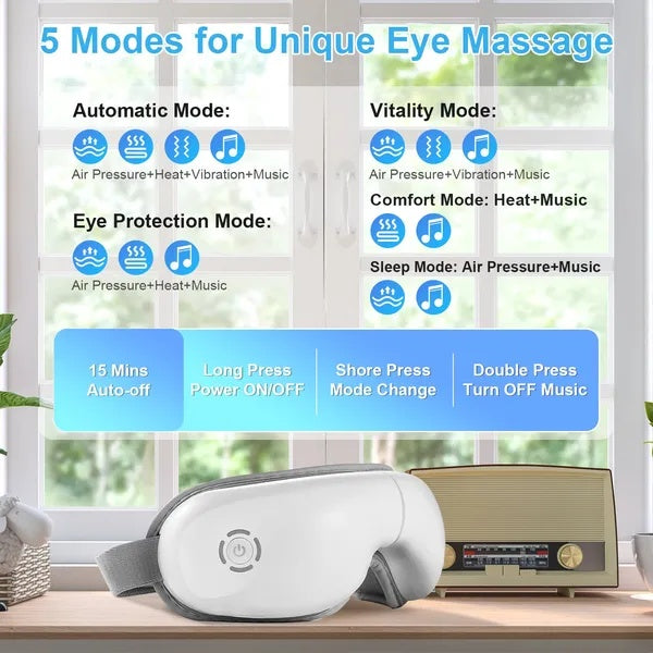Eye Massager With Heat Music Wireless Eye Mask For Migraines Rechargeable Eye Care Device With Air Pressure Vibration Massage For Men Women Elders